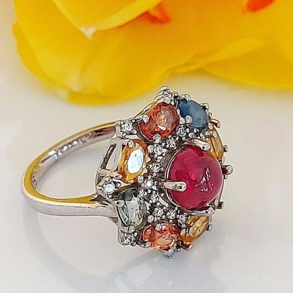 Natural Round Ruby 7mm & Multi-color Sapphire 925 Sterling‎ Silver Ring Sz 6 - Picture 2 of 7